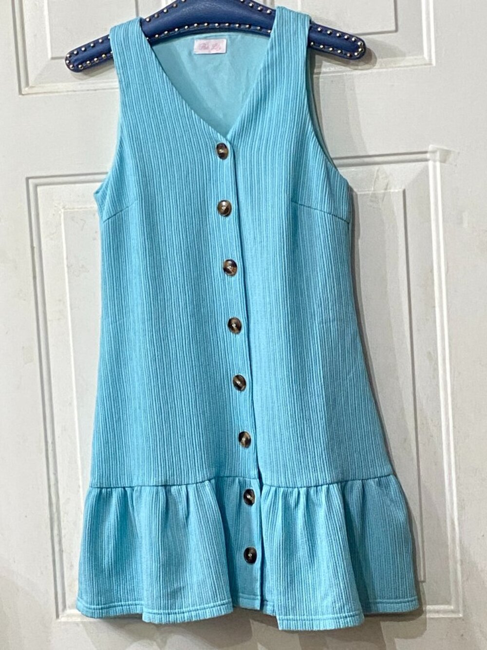 NEW Pink Lily Sz S  Knit Dress Sleeveless Button Up Turquoise Lined Ruffle Hem